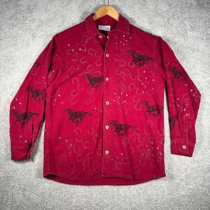 Blue Rose Handprinted Western Horse Horseshoe Shirt Women's M‎ Red Long Sleeve